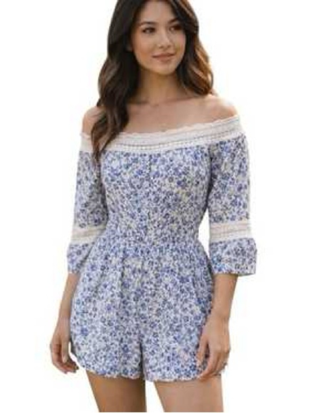 Hollister Blue White Floral Print Off-The-Shoulder Lace Trim Romper Size S Tasse